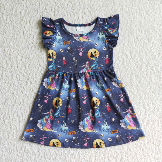9.13 GSD0131 baby girls Halloween dress over knee cartoon print clothes flying sleeve