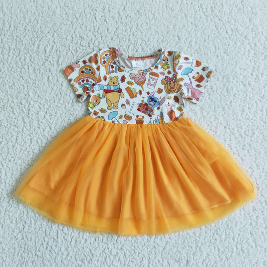 8.4 RTS NO MOQ（In Stock ) GSD0135 Girls Halloween Cartoon Print Short Sleeve Gauze Dress