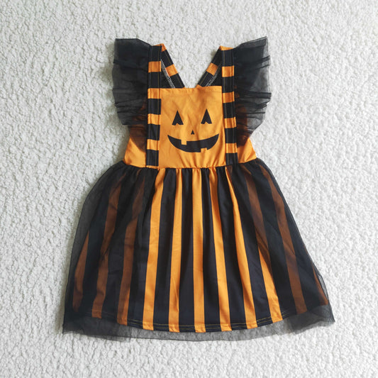 8.4 RTS NO MOQ（In Stock ) GSD0138 baby girls Halloween dress over knee cartoon print clothes flying sleeve