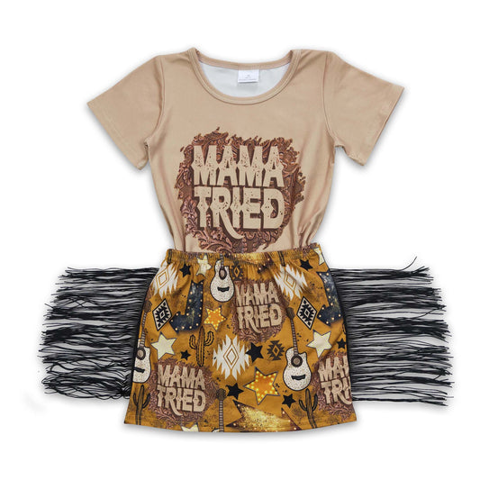 5.17 RTS NO MOQ GSD0286 Girls MAMA TRIED Short Sleeve Tassel Shorts Set