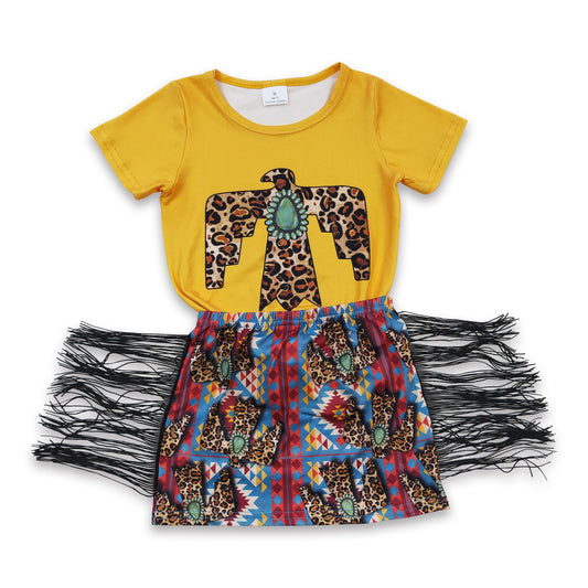 5.17 RTS NO MOQ GSD0287 Girls Leopard Gem Eagle Short Sleeve Tassel Shorts Set