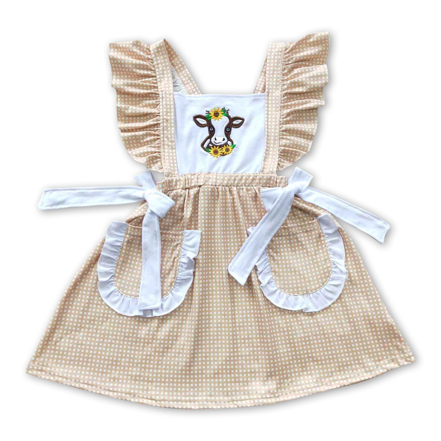 5.17 RTS NO MOQ GSD0299 Girls Embroidered Cow Sunflower Pocket Tank Dress
