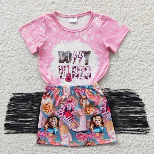 GSD0317 Baby Girl Pink Sing Western Tassel Skirts Clothes Sets