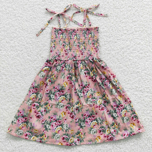 GSD0376 Baby Girls Pink Floral Elastic Knee Length Dresses