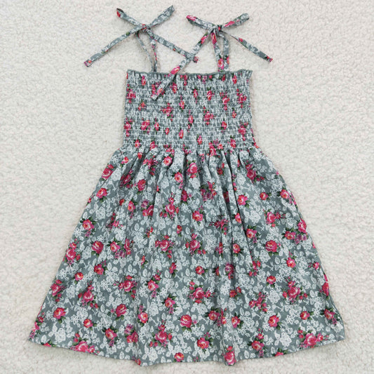 GSD0378 Baby Girl Green Floral Elastic Knee Length Dresses