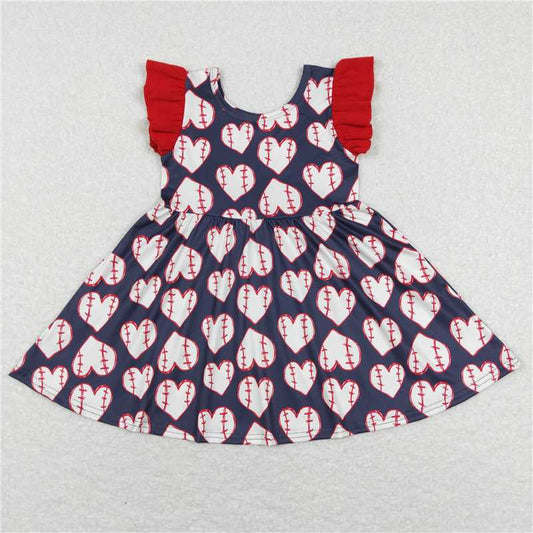 GSD0514 Baby Girl Flutter Sleeve Baseball Red Twirl Knee Length Dresses