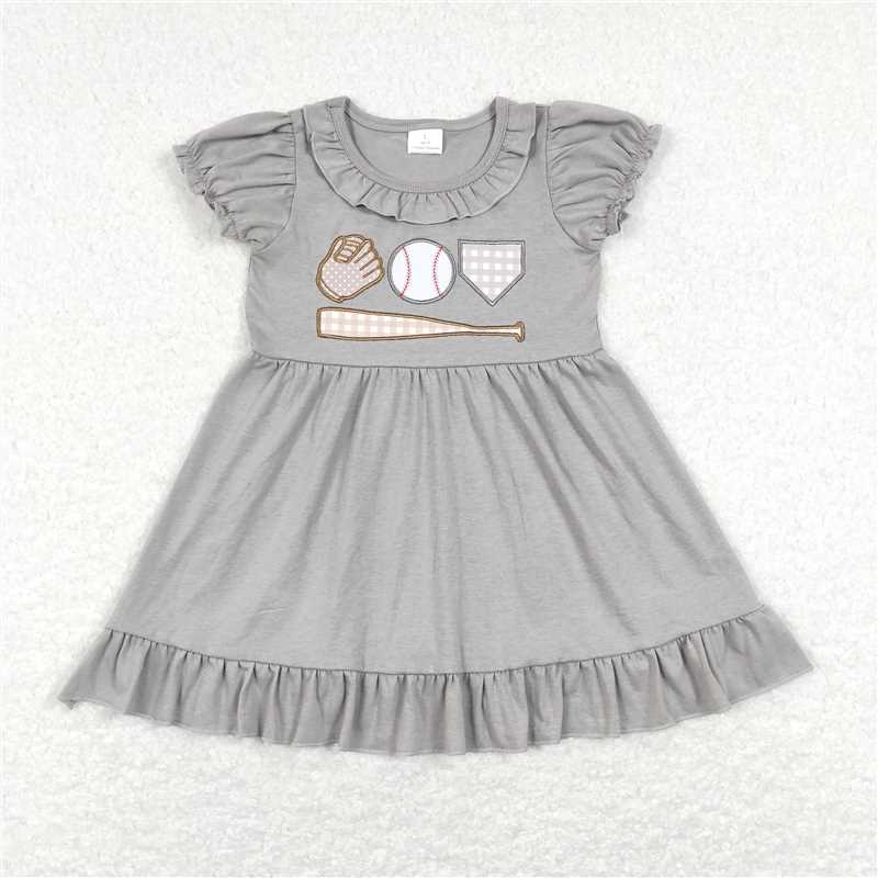 GSD0574 Baby Girl Baseball Grey Short Sleeve Knee Length Dresses