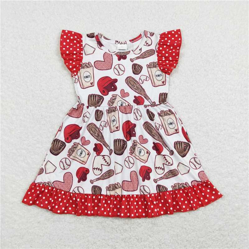 GSD0708 Baby Girl Baseball Flutter Sleeve Ruffle Knee Length Dresses