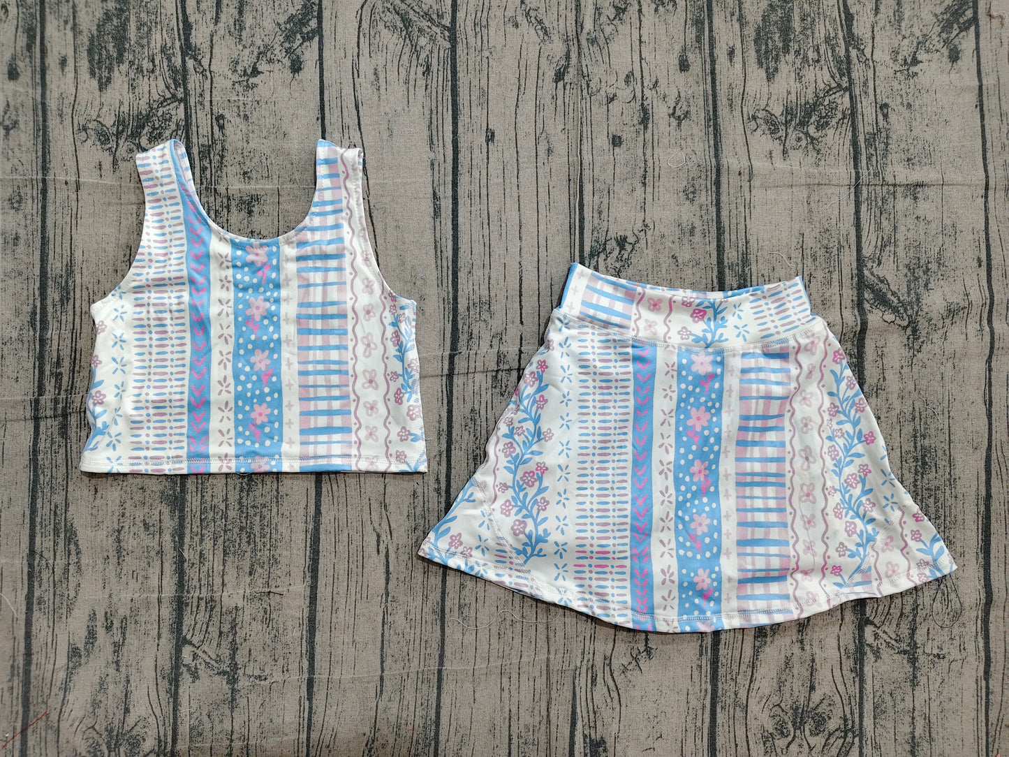 GSD1995 Preorder Sample Baby Girls Blue Pink Flowers Athletic Active Wear Top Shorts Skirts Clothes Sets