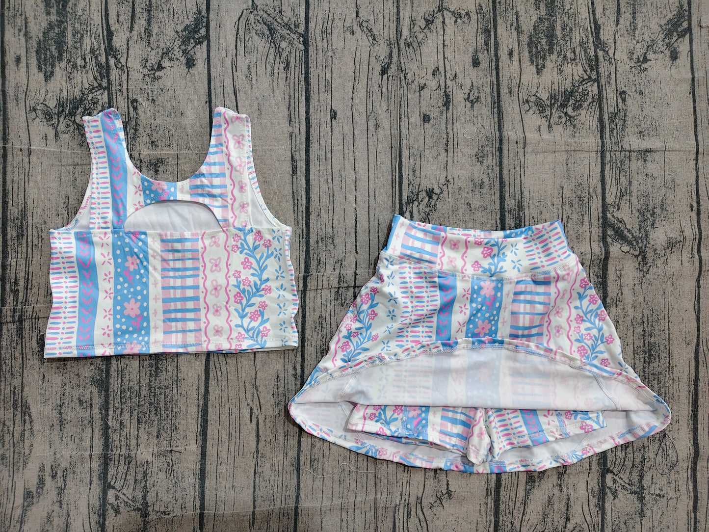 GSD1995 Preorder Sample Baby Girls Blue Pink Flowers Athletic Active Wear Top Shorts Skirts Clothes Sets