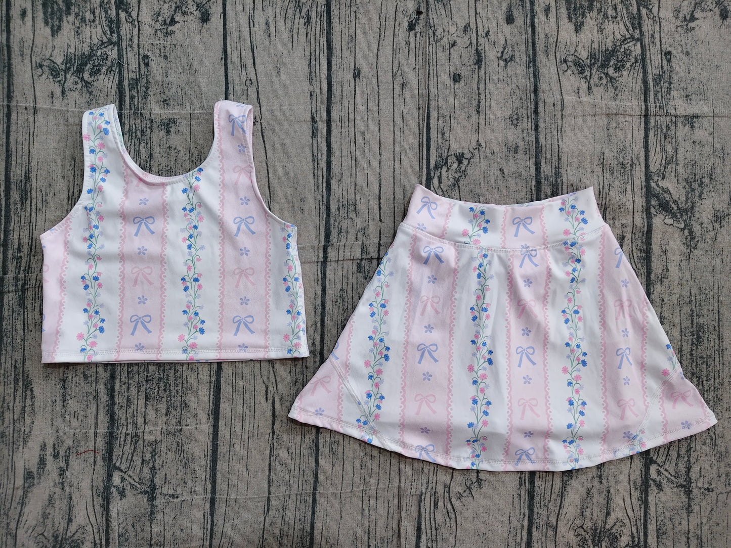 GSD2216 Preorder Sample Baby Girls Pink Sleeveless Bows Floral Top Skort Yoga Set