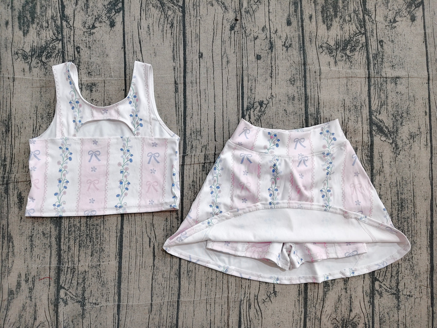 GSD2216 Preorder Sample Baby Girls Pink Sleeveless Bows Floral Top Skort Yoga Set