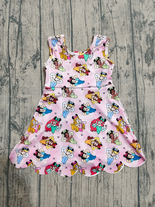 GSD2491 Preorder Sample Baby Girls Pink Sleeveless Cartoon Princess Shorts Yoga Knee Length Dresses