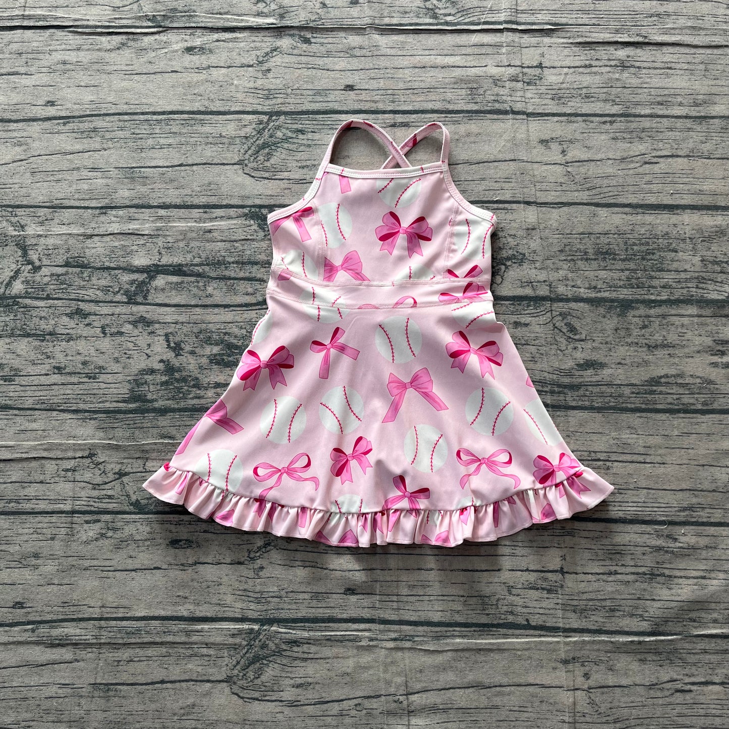 GSD2567 Preorder Sample Baby Girl Strap Pink Bows Baseballs Activity Wear Yoga Knee Length Dresses