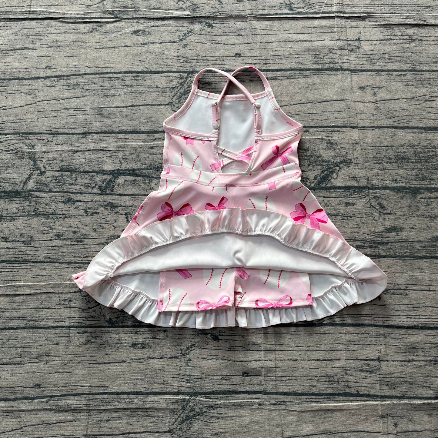 GSD2567 Preorder Sample Baby Girl Strap Pink Bows Baseballs Activity Wear Yoga Knee Length Dresses