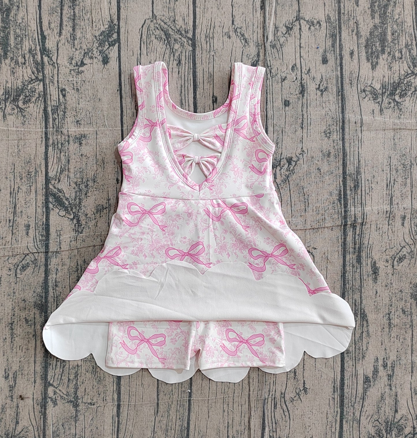 GSD2572 Preorder Sample Baby Girl Pink Bows Floral Activity Wear Yoga Short Skort Knee Length Dresses