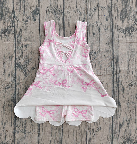 GSD2572 Preorder Sample Baby Girl Pink Bows Floral Activity Wear Yoga Short Skort Knee Length Dresses