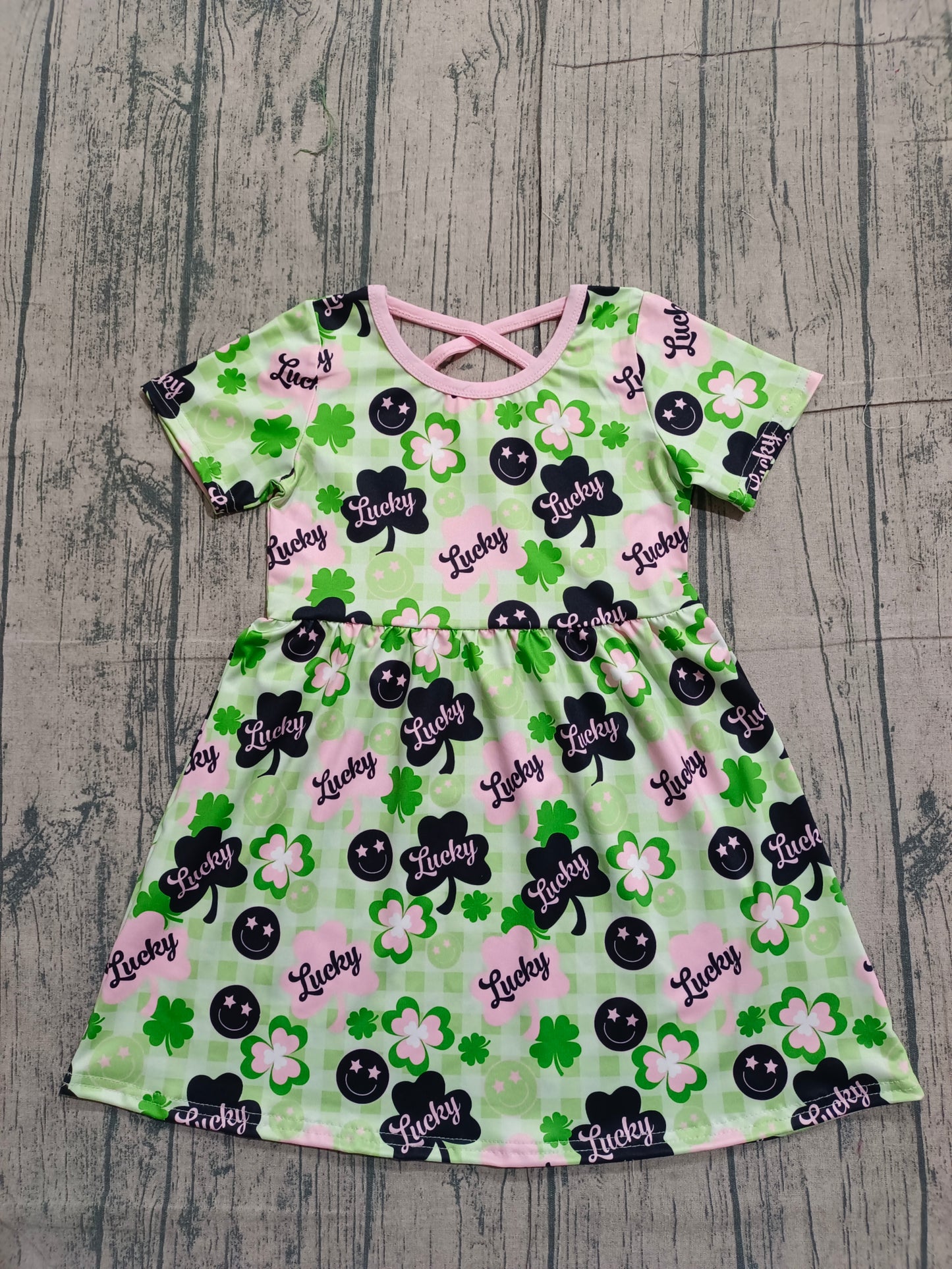 GSD2840 Baby Girls Green Checked Clovers Lucky St Patrick Knee Length Dresses-26.1.8
