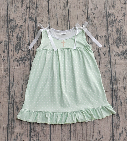 GSD2860 Preorder Sample Baby Girl Green Polka Dots Cross Easter Ruffle Knee Length Dresses
