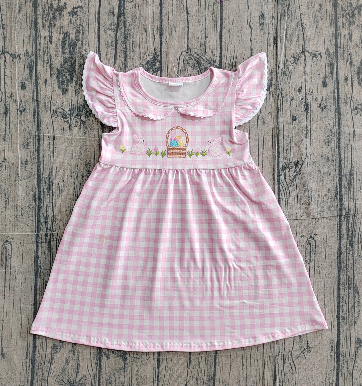 GSD2913 Preorder Sample Embroidery Rabbits Eggs Baby Girl Pink Checked Easter Knee Length Dresses