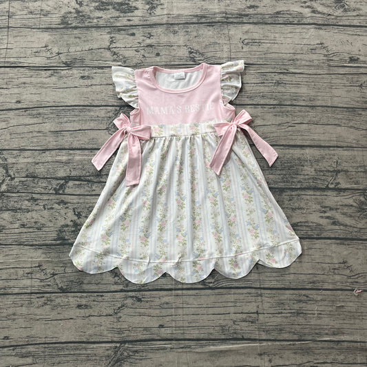 GSD2973 Preorder Sample Baby Girl Mama's Bestie Flowers Stripe Scallop Knee length Dress