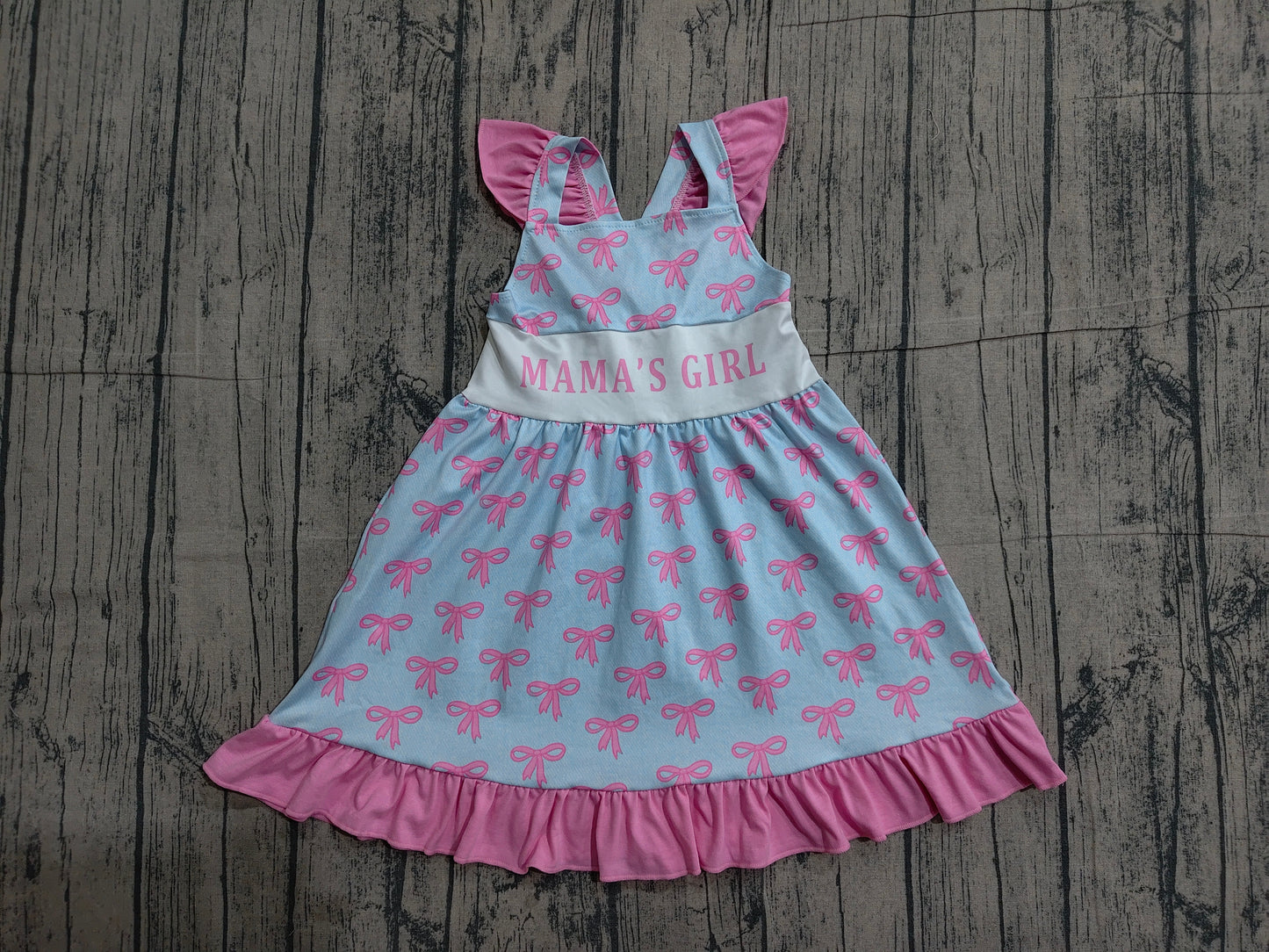 GSD2980 Preorder Sample Baby Girl Flutter Sleeve Mama's Girl Bows Plaid Ruffle Knee length Dresses