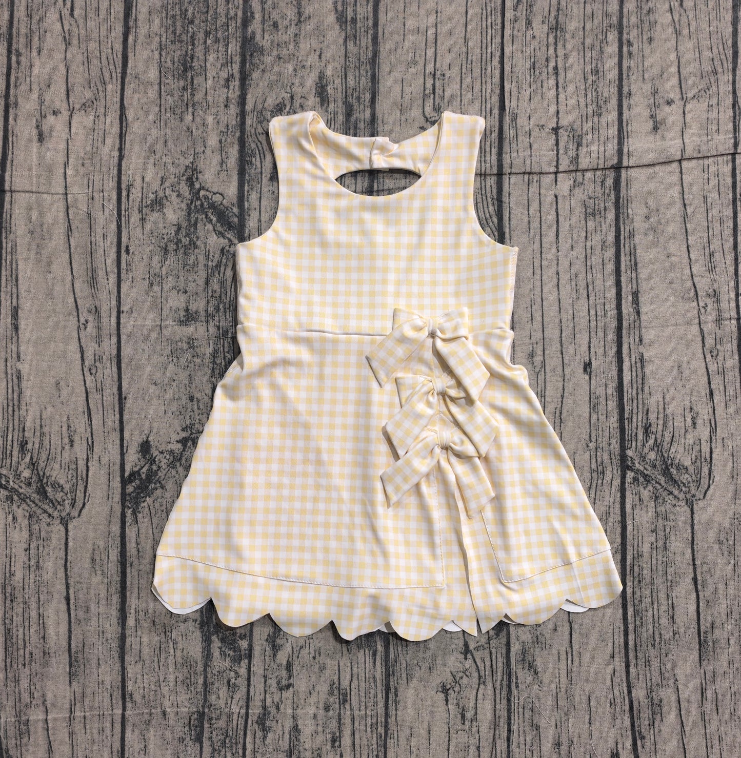 GSD3027 Preorder Sample Baby Girl Sleeveless Yellow Checked Yoga Shorts Bows Knee Length Dresses