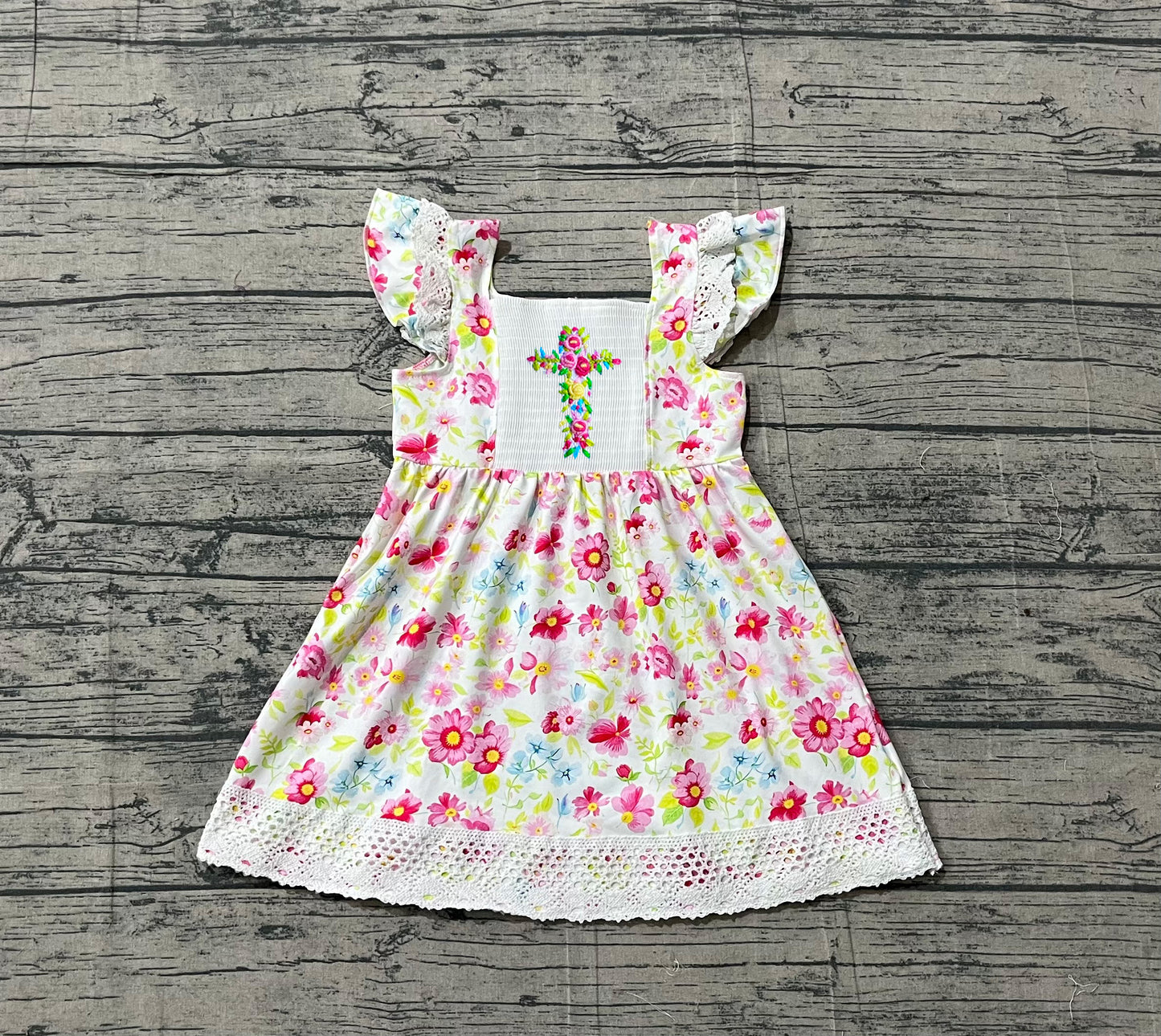 GSD3313 Preorder Sample Smocked Floral Cross Baby Girls Easter Ruffle Knee Length Dresses