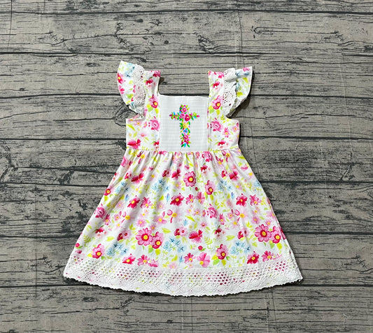 GSD3313 Preorder Sample Smocked Floral Cross Baby Girls Easter Ruffle Knee Length Dresses