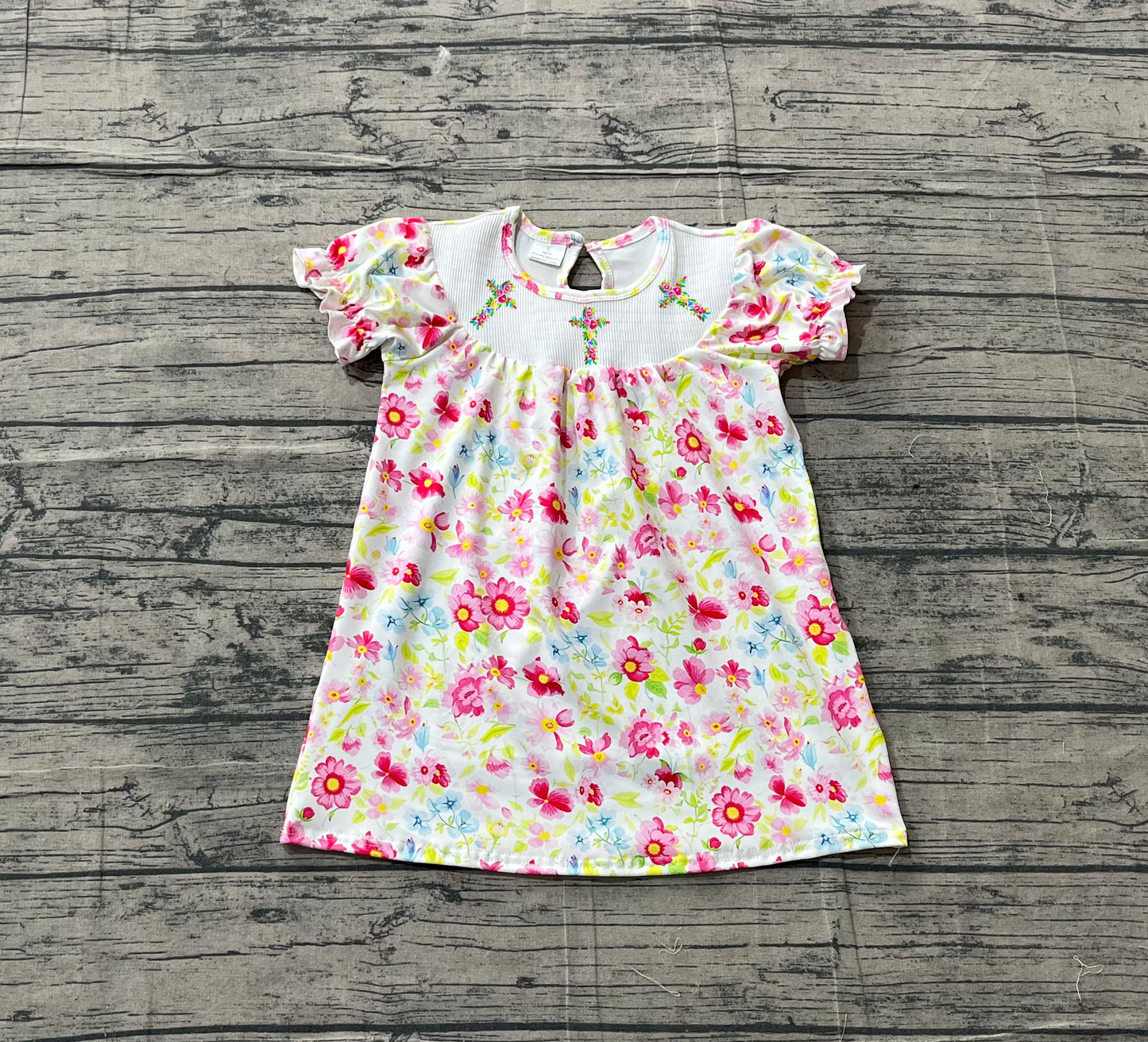 GSD3314 Preorder Sample Baby Girl Smocked Floral Cross Easter Flowers Knee Length Dresses
