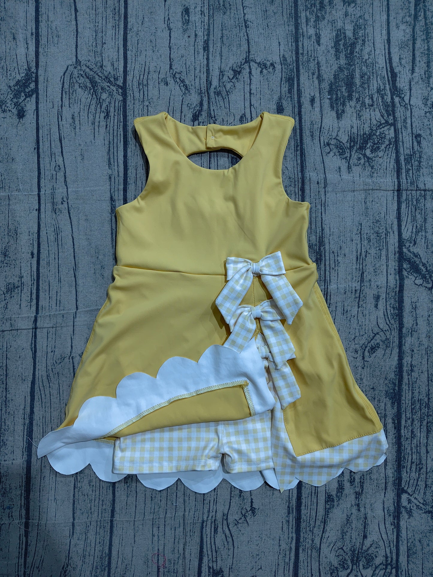 GSD3318 Preorder Sample Baby Girls Yellow Sleeveless Bows Yoga Ruffle Shorts Knee Length Dresses