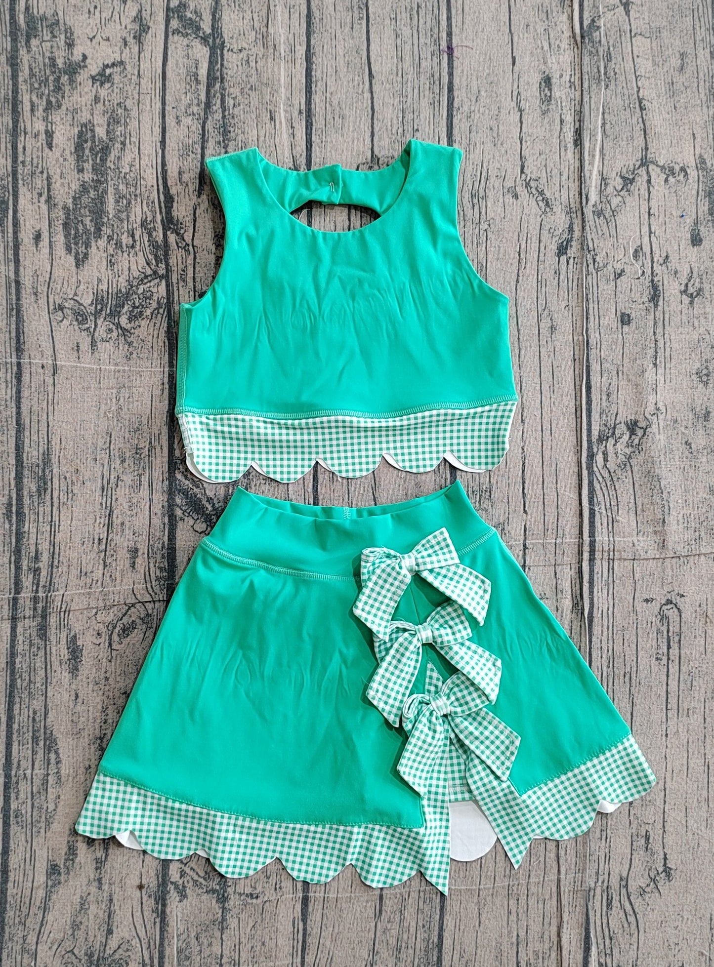 GSD3320 Preorder Sample Baby Girl Green Sleeveless Vest Top Bows Skirt Shorts Yoga Clothes Sets