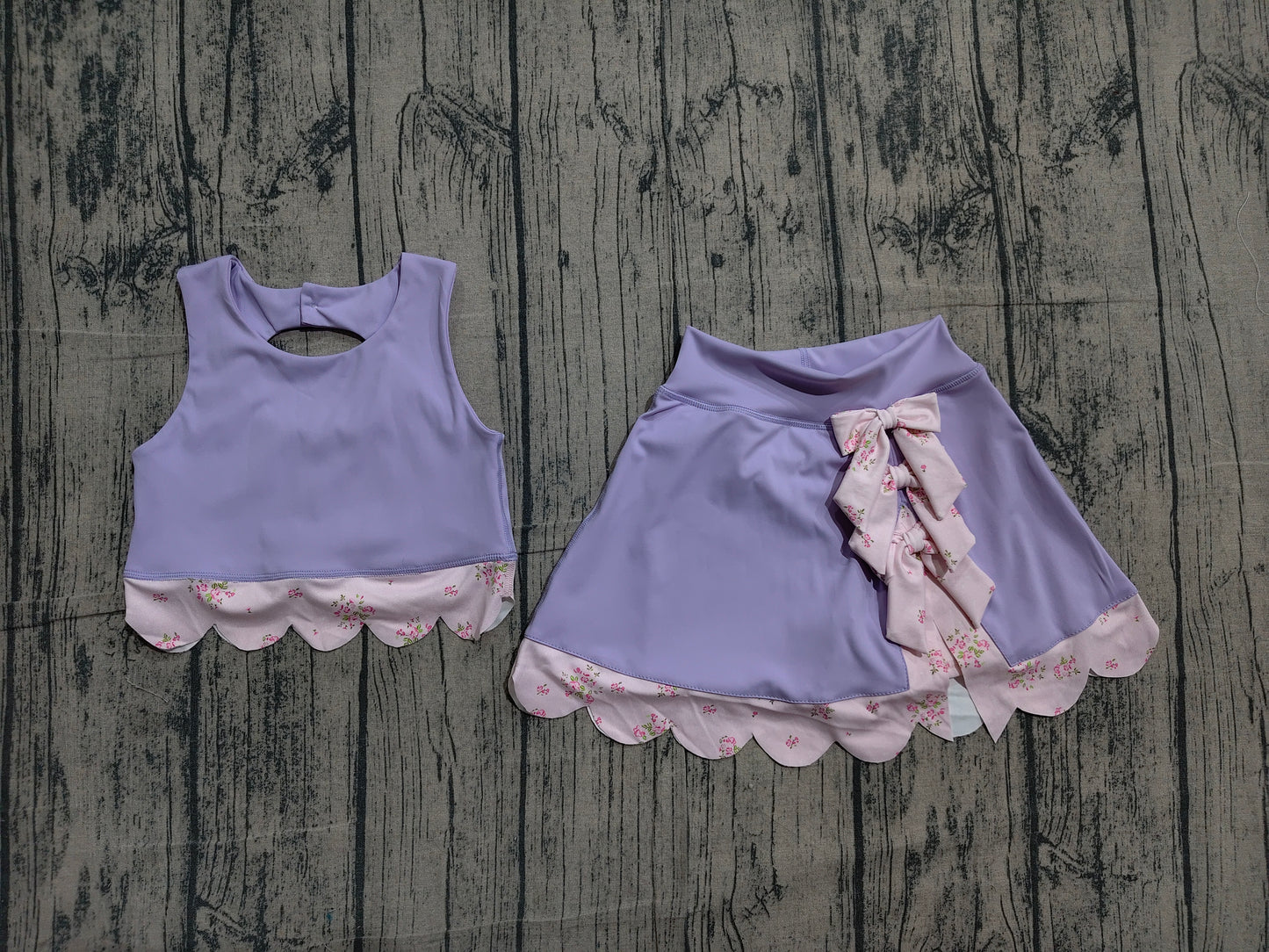 GSD3323 Preorder Sample Baby Girls Purple Sleeveless Vest Top Bows Skirt Shorts Yoga Clothes Sets