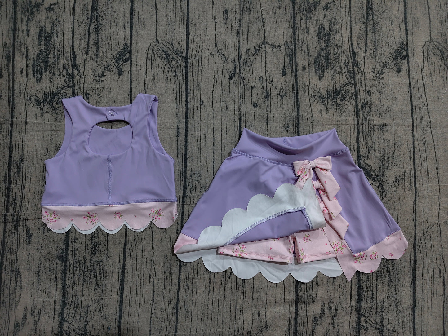 GSD3323 Preorder Sample Baby Girls Purple Sleeveless Vest Top Bows Skirt Shorts Yoga Clothes Sets