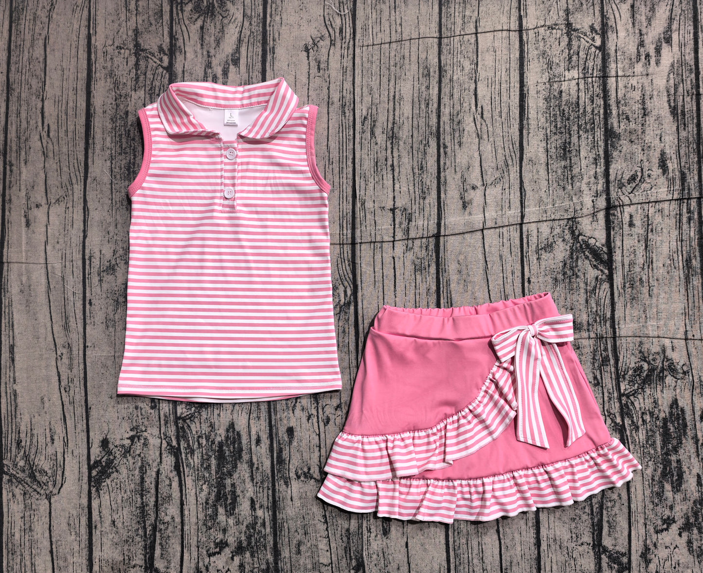 GSD3408 Preorder Sample Baby Girl Pink Stripe Button Top Skirt Shorts Yoga Active Clothes Sets