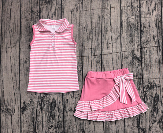 GSD3408 Preorder Sample Baby Girl Pink Stripe Button Top Skirt Shorts Yoga Active Clothes Sets