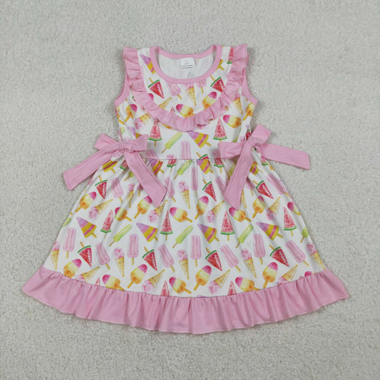 RTS NO MOQ(In Stock) GSD3470 Ice Cream Stick, Pink Lace-Trimmed White Sleeveless Dress with Bow