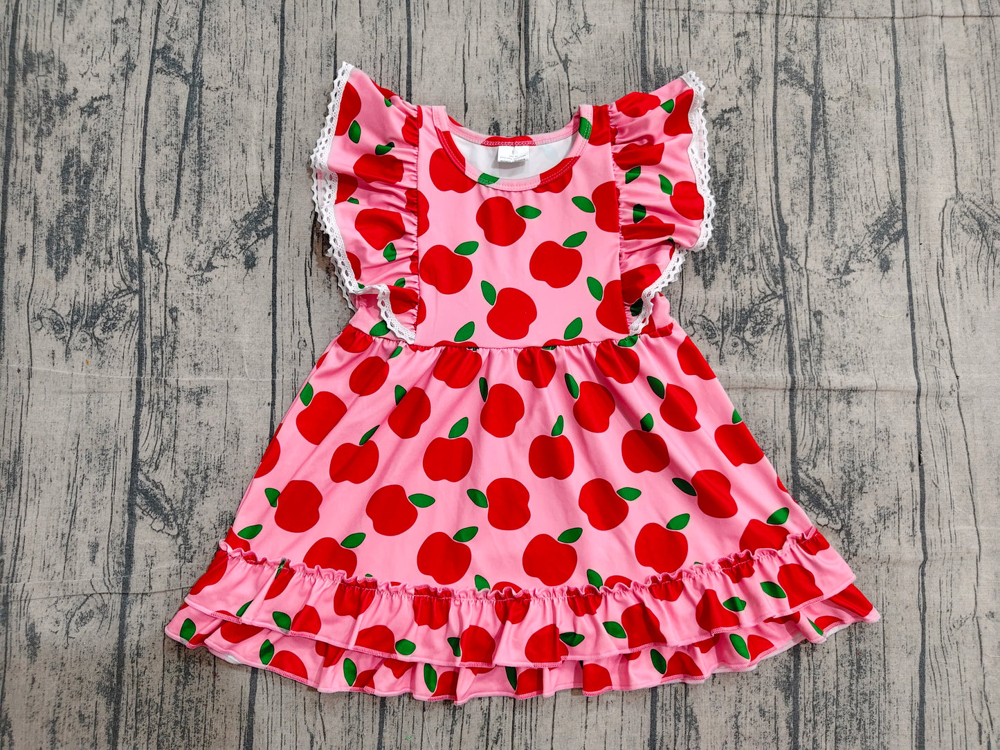 GSD3510 Preorder Sample Baby Girls Flutter Sleeve Apples Plaid Back to School Ruffle Knee Length Dresses
