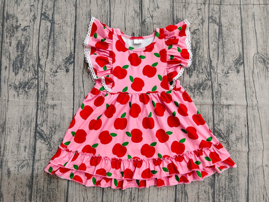 GSD3510 Preorder Sample Baby Girls Flutter Sleeve Apples Plaid Back to School Ruffle Knee Length Dresses