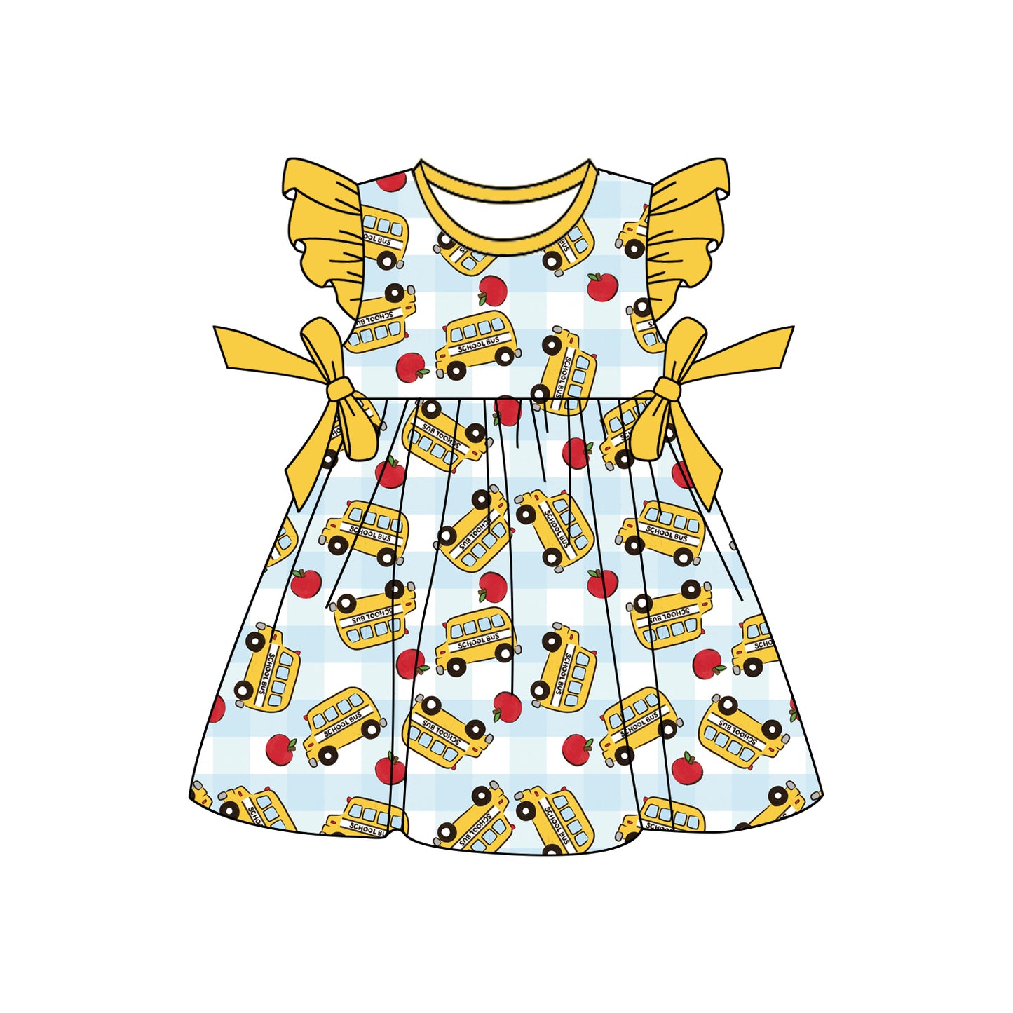 Pre-order no moq GSD3524 pre-order baby girl clothes bus yellow flying sleeve summer dress-25.12.30