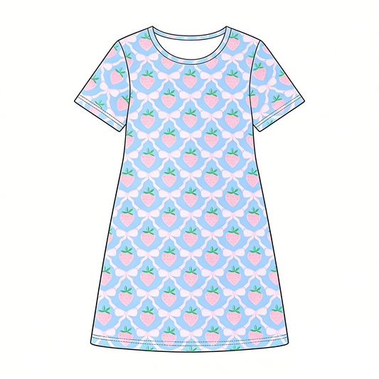 Pre-order no moq GSD3527 pre-order baby girl clothes strawberry bow short sleeve summer dress-25.12.30