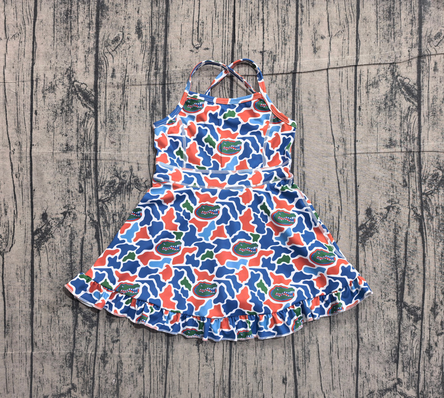 GSD3589 Preorder Sample Baby Girls Strap Camo Crocodiles Team Yoga Active Shorts Ruffle Knee Length Dress