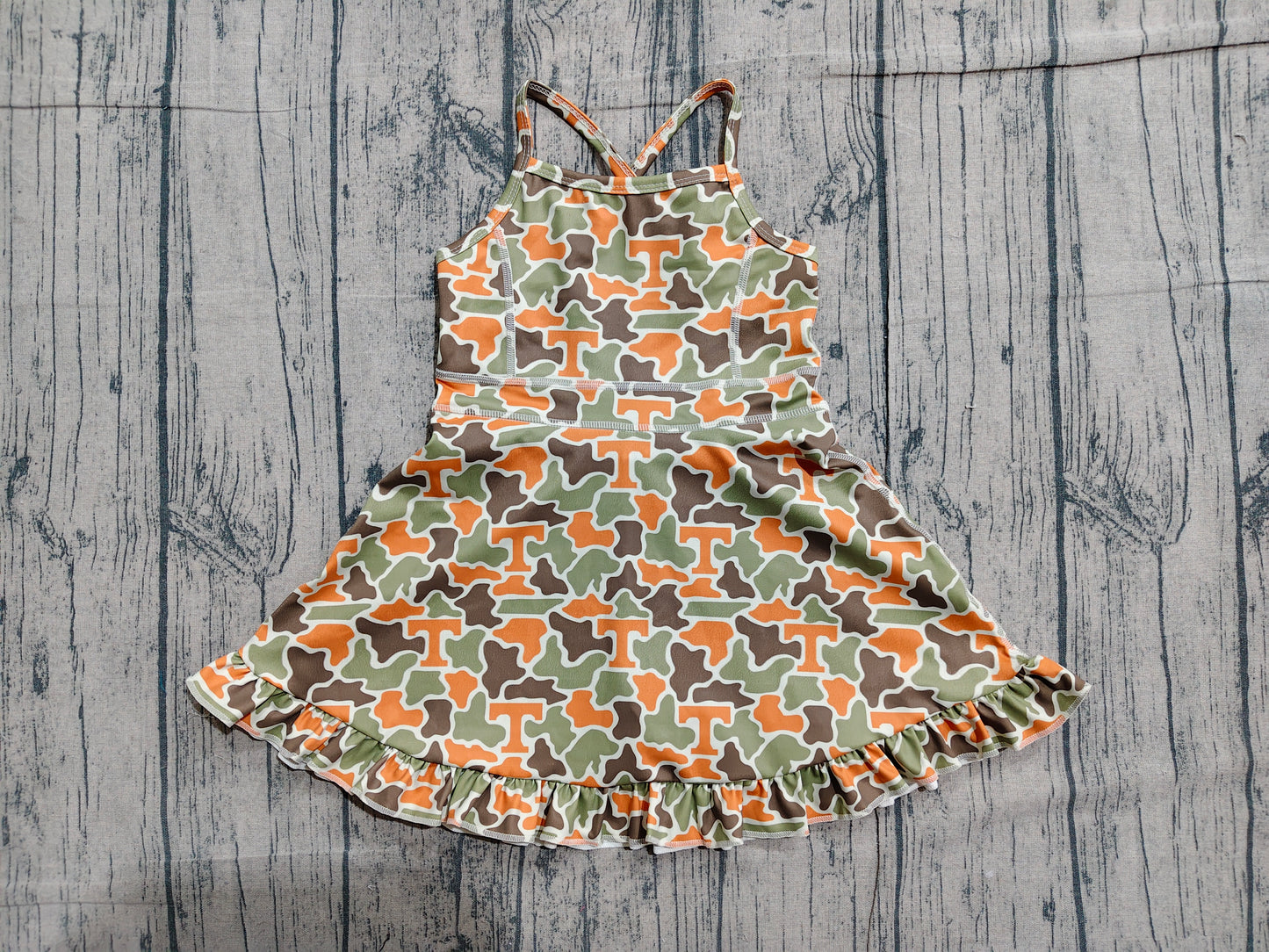 GSD3590 Preorder Sample Baby Girls Strap Camo T Team Yoga Active Shorts Ruffle Knee Length Dresses