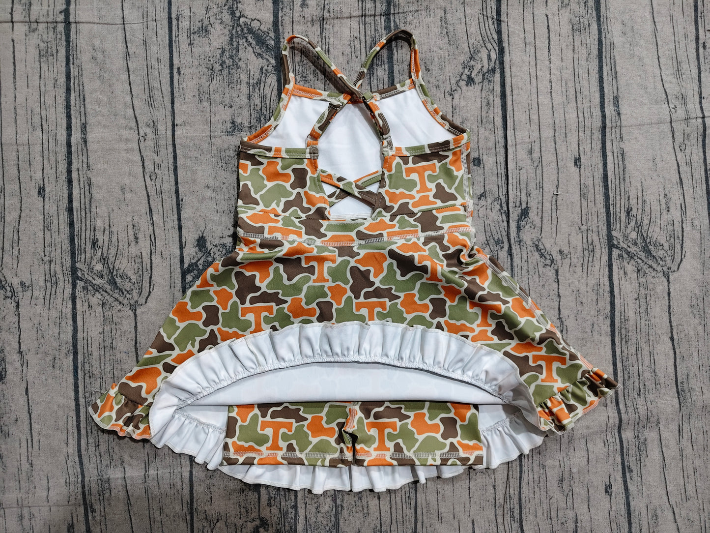 GSD3590 Preorder Sample Baby Girls Strap Camo T Team Yoga Active Shorts Ruffle Knee Length Dresses