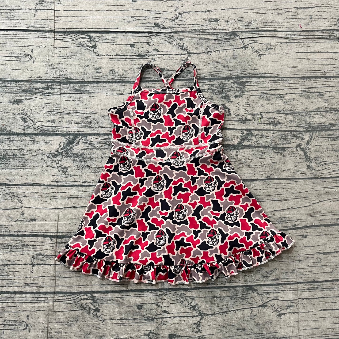GSD3593 Preorder Sample Baby Girls Strap Camo Bulldogs Team Yoga Active Shorts Ruffle Knee Length Dresses