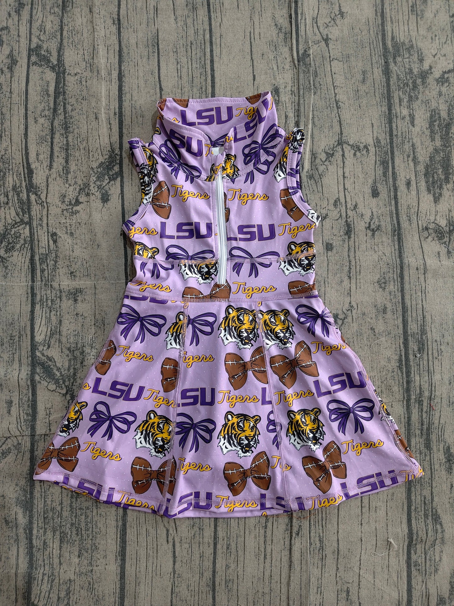 GSD3604 Preorder Sample Baby Girl LSU Tiger Footballs Team Yoga Active Shorts Knee Length Dresses