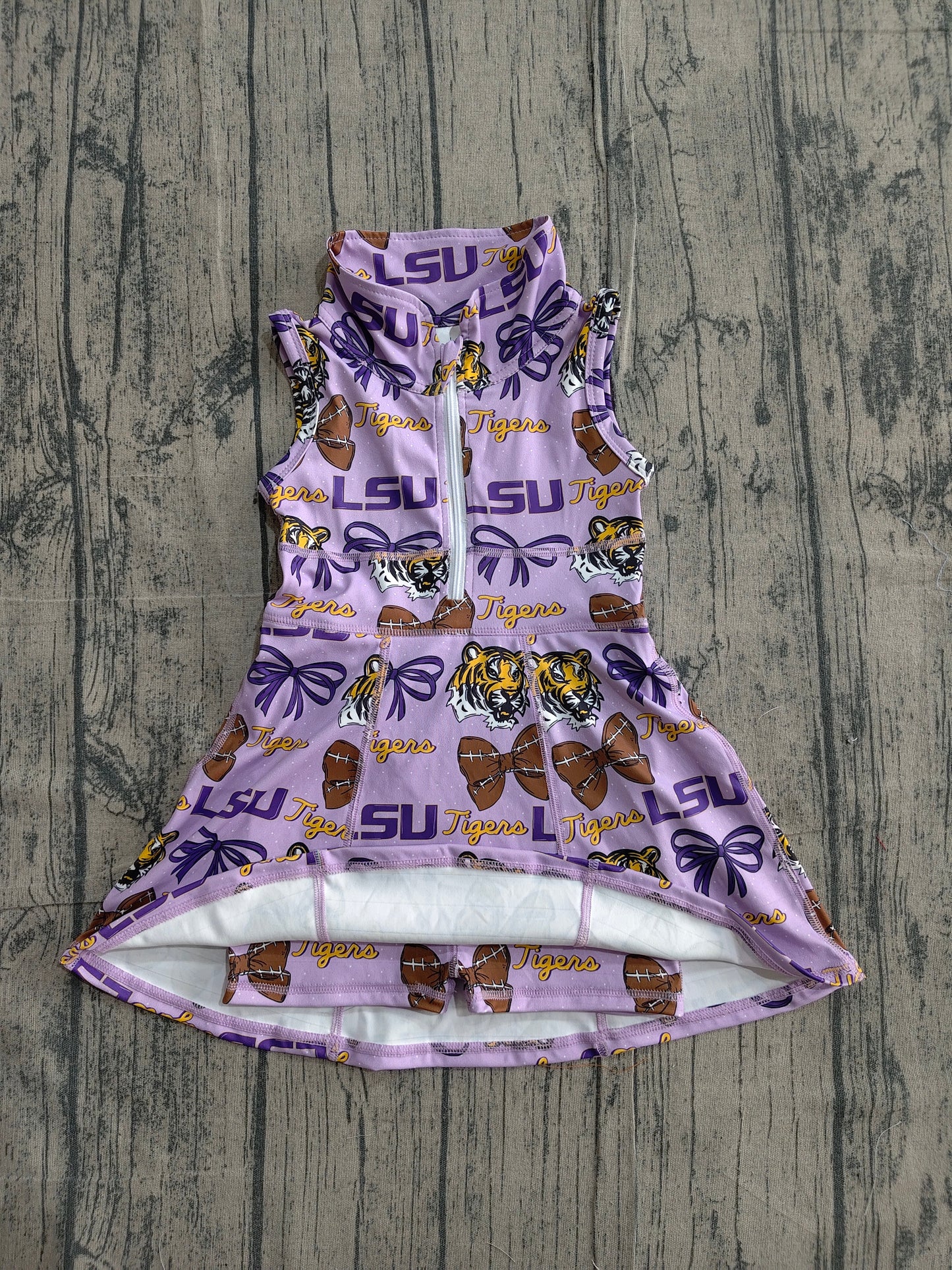 GSD3604 Preorder Sample Baby Girl LSU Tiger Footballs Team Yoga Active Shorts Knee Length Dresses