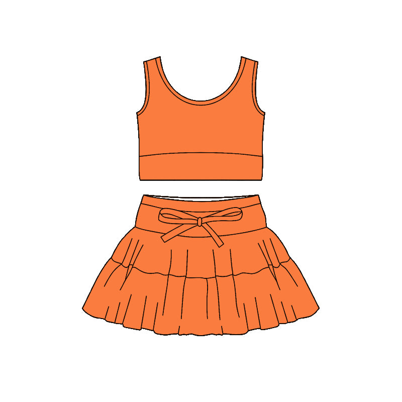 Pre-order no moq GSD3616 pre-order baby girl clothes summer yoga orange sleeveless skirt sets-26.1.12