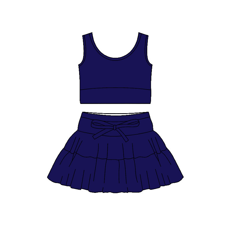 Pre-order no moq GSD3623 pre-order baby girl clothes summer yoga navy blue sleeveless skirt sets-26.1.12