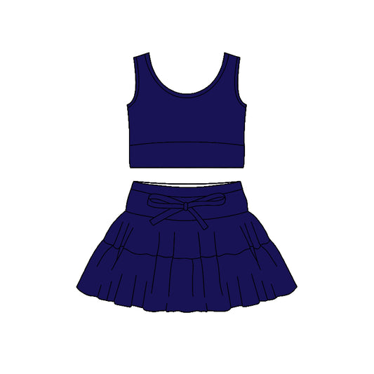 Pre-order no moq GSD3623 pre-order baby girl clothes summer yoga navy blue sleeveless skirt sets-26.1.12